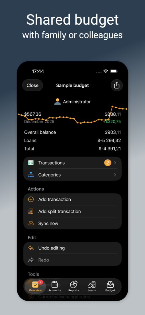 iPhone screenshot of Alzex Finance Pro showing a shared budget overview with a balance chart, financial totals, and action menu.