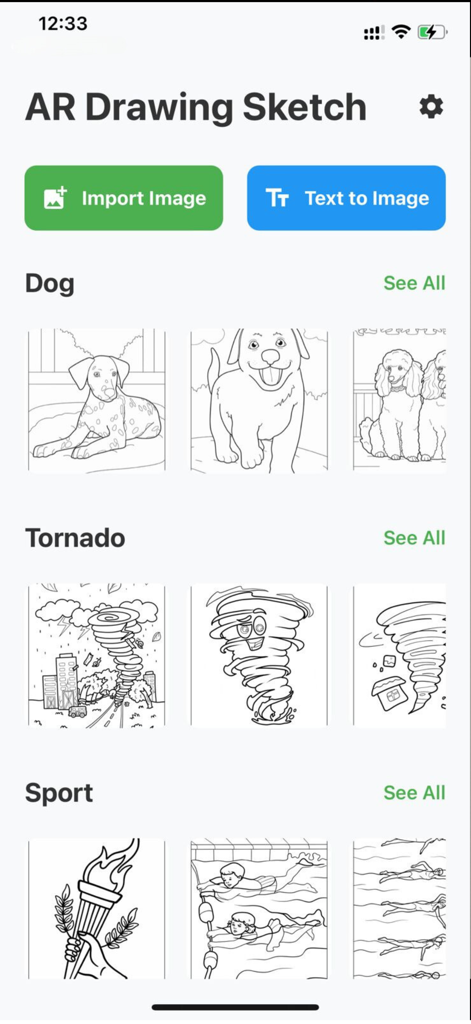 AR Drawing Sketch & Trace - Interfaz de la app AR Drawing Sketch mostrando categorías de plantillas de arte lineal para trazar incluyendo perros y deportes