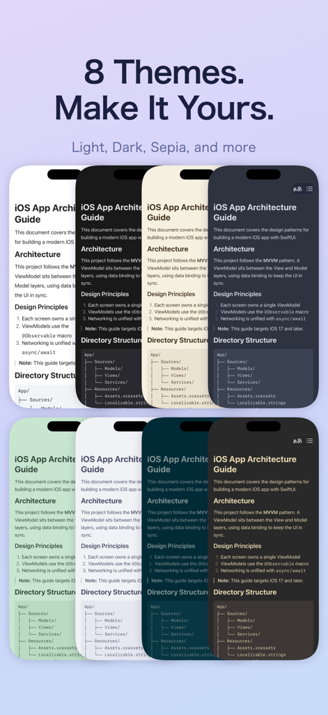 Markdown Reader - View Only - A showcase of eight different color themes for the Markdown Reader app including light dark and sepia modes