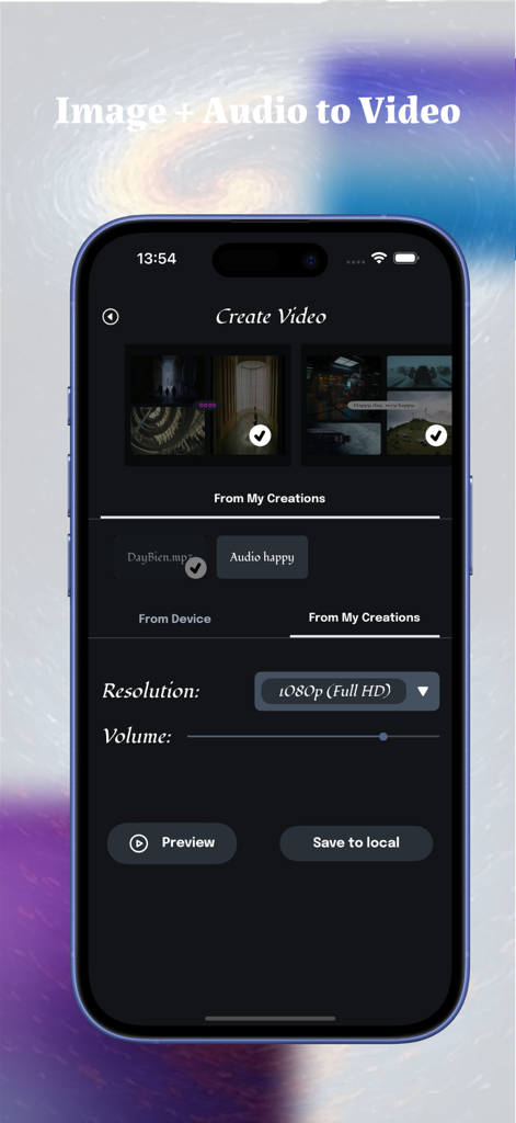 Tango Me: Videos Studio - Interfaz de la aplicación Tango Me que muestra herramientas para crear un video a partir de imágenes y audio con configuraciones de resolución