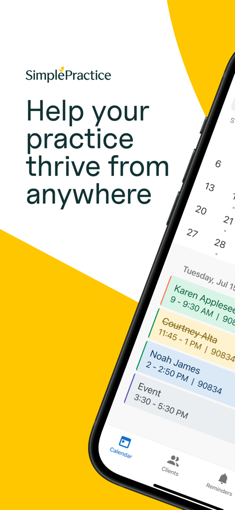 SimplePractice for Clinicians mobile app displaying a daily schedule with client appointments