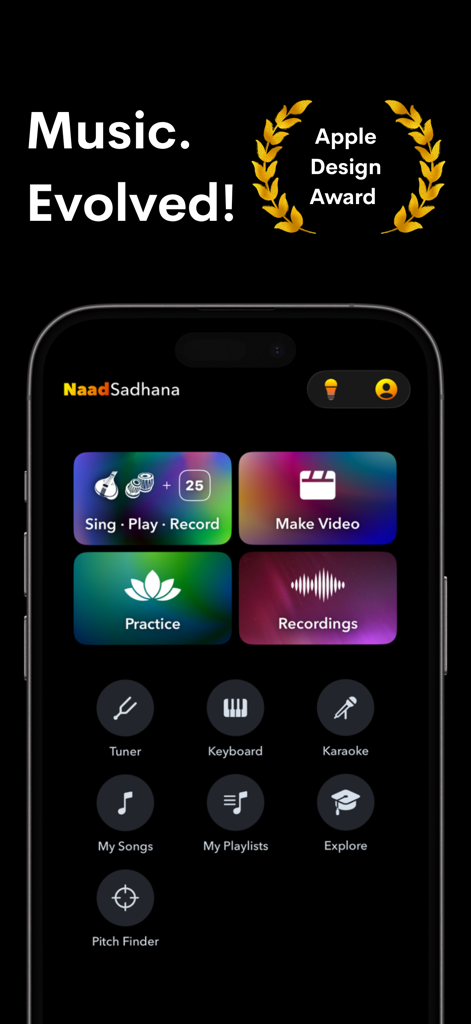Pantalla principal de la aplicación NaadSadhana mostrando herramientas de grabación de práctica y creación de video