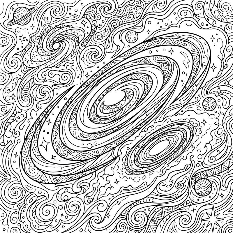 Embark on a cosmic journey with this highly detailed adult coloring page featuring mesmerizing galactic patterns. Its intricate spirals, stars, and nebulae are perfect for a relaxing and immersive artistic escape.