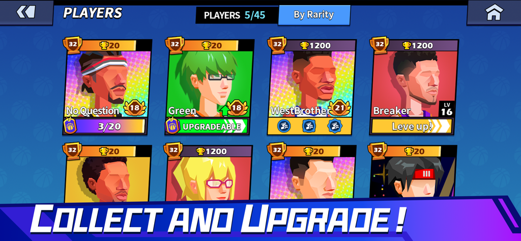 Basketball Duel: Online 1V1 - 플레이어를 업그레이드할 수 있는 옵션과 함께 캐릭터 카드를 보여주는 Basketball Duel 플레이어 컬렉션 화면