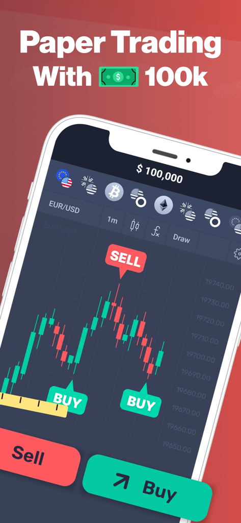 Forex Trading School & Game - Pantalla de teléfono móvil que muestra un simulador de paper trading con un gráfico de velas y 100k de moneda virtual