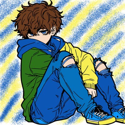 a male hoddie ripped jeans messy hair anime