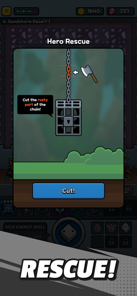 Mini Tales: GO! - Hero rescue minigame in Mini Tales GO showing a puzzle to cut a rusty chain