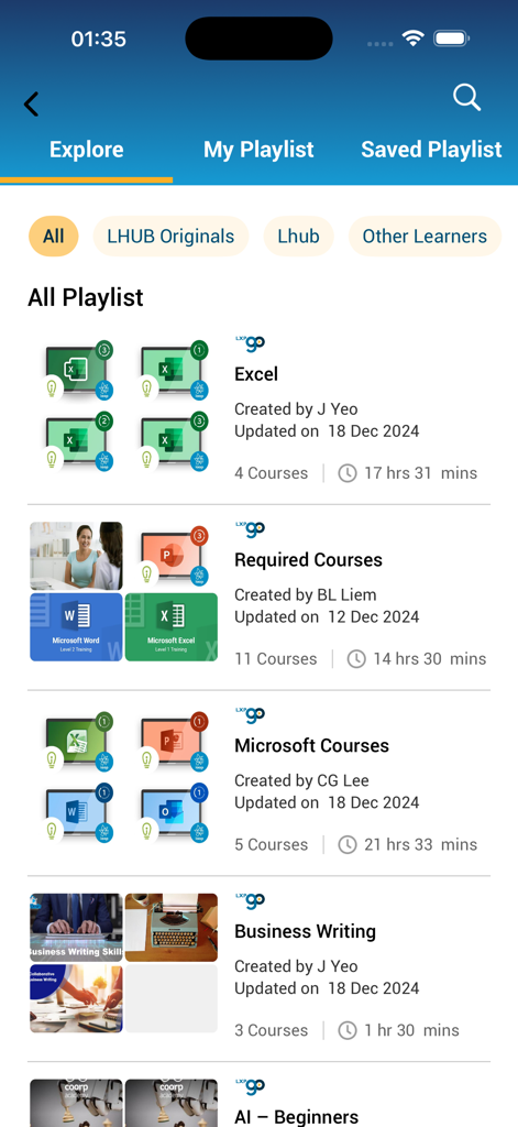 Explore screen of the LHUB LXP Enterprise app showing professional development playlists for Excel and Business Writing