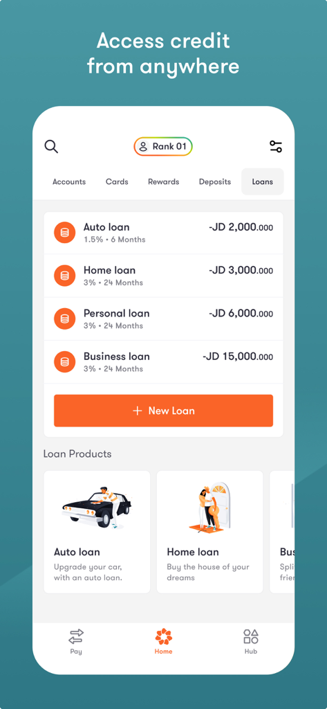 Bank al Etihad | بنك الإتحاد - Ein mobiler Bildschirm der Bank al Etihad-App mit verschiedenen Darlehensoptionen wie Auto-, Haus- und Geschäftskrediten