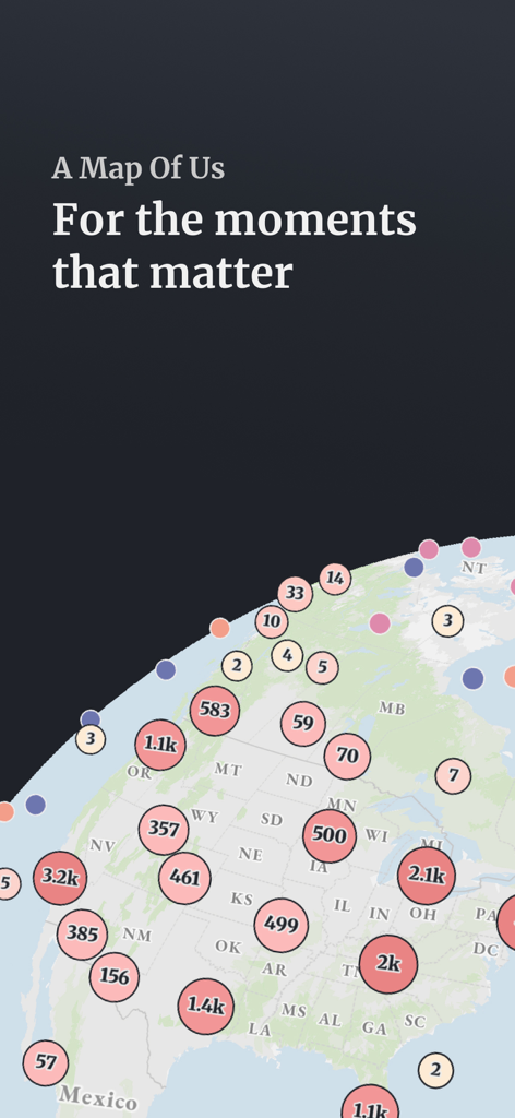 AMOU: A Map Of Us - AMOU app showing memory pins on a map for moments that matter.