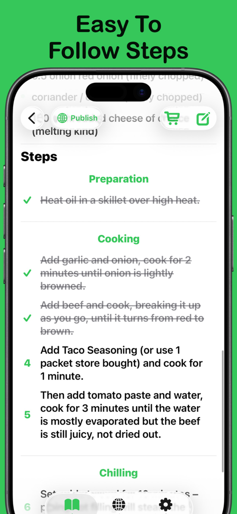 Cook-Book | Ai Powered Recipes - Mobile interface of the Cook-Book app showing detailed step by step recipe instructions with completion checkmarks.