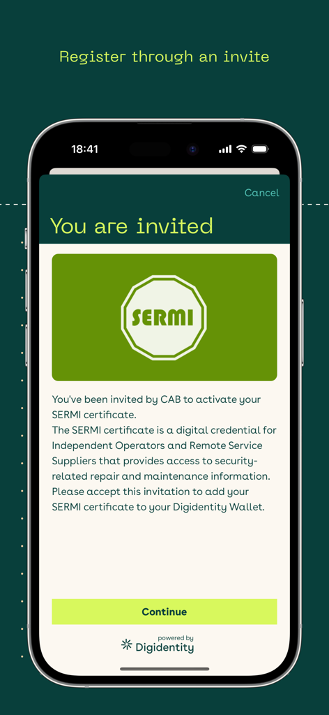 Digidentity Wallet - Digidentity Wallet invitation screen for a SERMI certificate used in the automotive industry.
