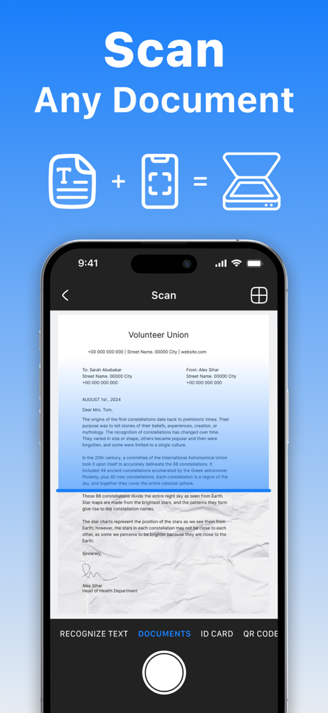 OCR機能を備えた紙の文書をキャプチャするモバイルPDFドキュメントスキャナーアプリのスマートフォンのインターフェース