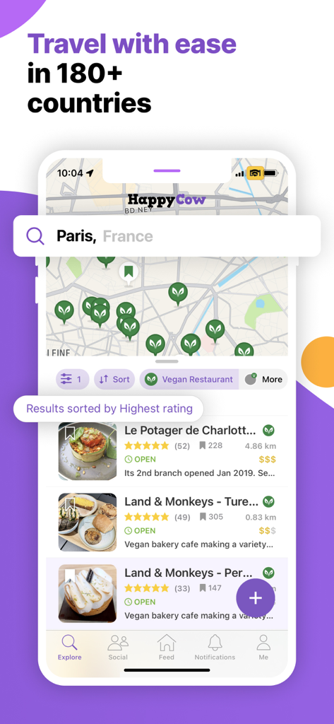 HappyCow - Vegan Food Near You - HappyCow app interface showing a map and list of vegan restaurants in Paris with ratings and photos.