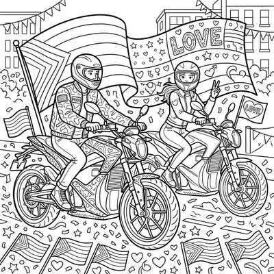 Gear up for a joyful ride with this unique coloring page featuring two people on electric motorcycles celebrating Pride Month. Discover a world of vibrant expression as you bring symbols of love and community to life.