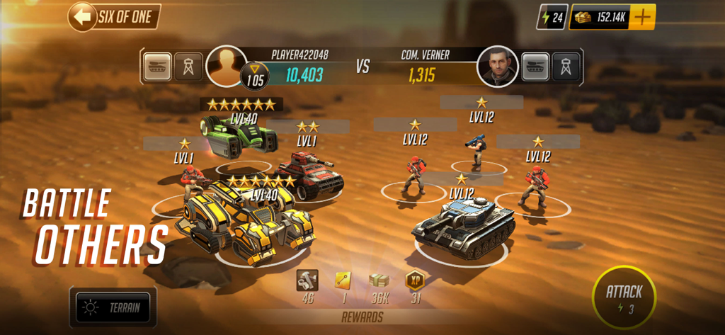 League of War: Mercenaries - League of War Mercenaries mobile strategy game interface showing a tactical battle setup with 3D tanks and infantry in a desert environment