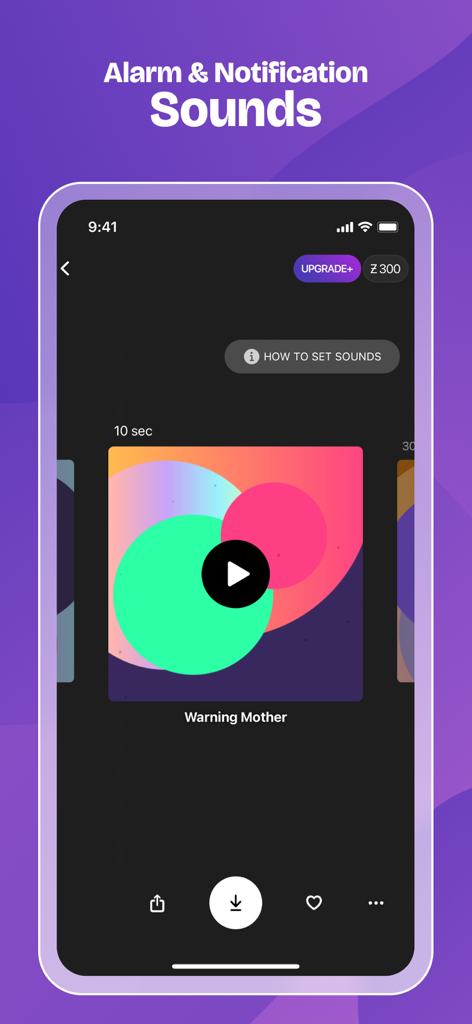 Pantalla de la aplicación Zedge que muestra sonidos de alarma y notificación con un botón de reproducción y el título del sonido Warning Mother.
