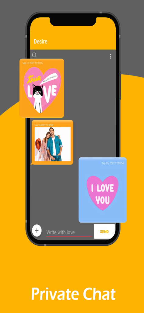 Desire - Couples Game - Secure private chat interface for couples featuring romantic stickers and photos.