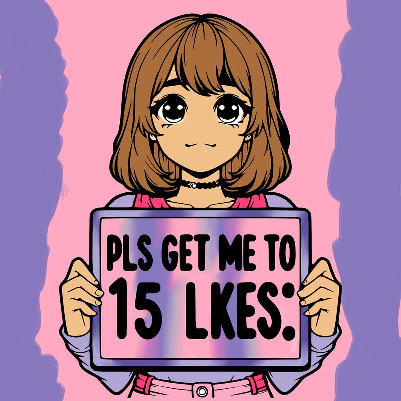 realistic girl holding up a sign that says “pls get me to 15 likes!”