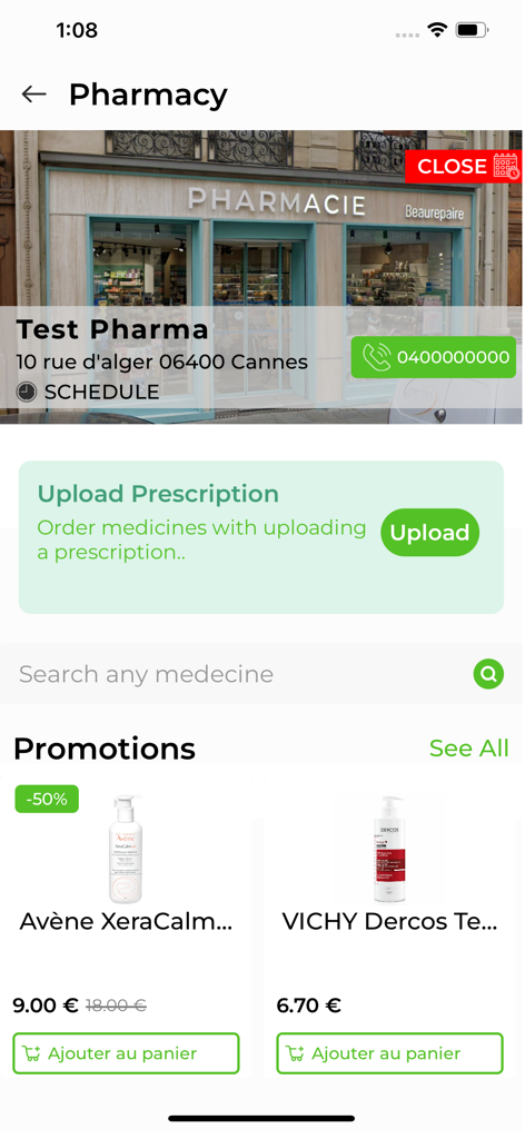 Pharmao - Livraison pharmacie - Interface of the Pharmao app showing a pharmacy profile, prescription upload button, and promotional skincare products.