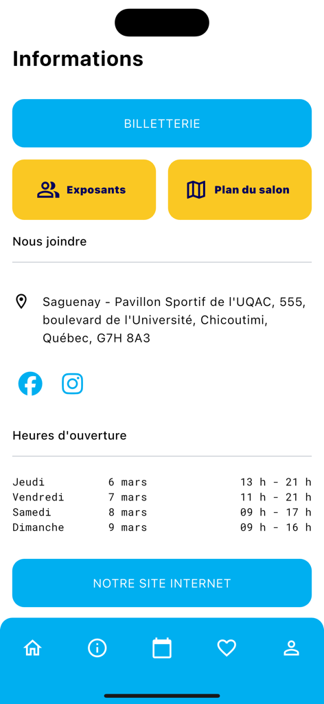 expo habitat Saguenay - エクスポ・ハビタ・サグネアプリの情報画面。チケット、出展者、イベントスケジュールが表示されています。