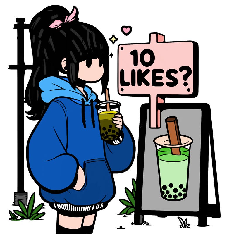 girl with oversized hoodie drinking boba and she has a high ponytail with a sign that says 10likes?
