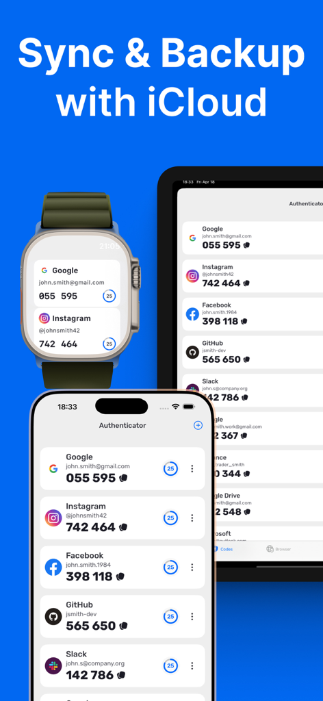 iCloudバックアップ経由でiPhone、Apple Watch、iPad間で同期された2FAコードを表示する認証アプリ