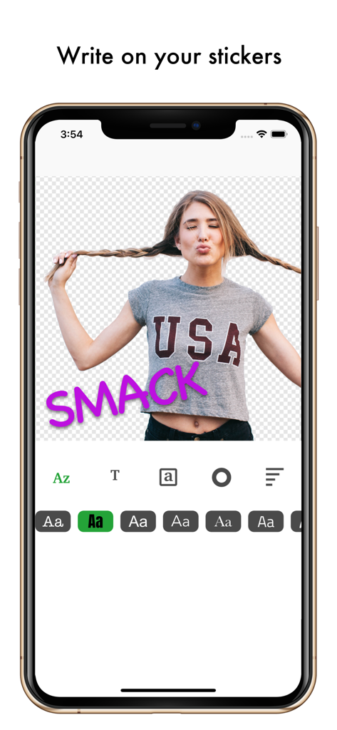 Top Sticker Maker - WaSticker - Interface of the Top Sticker Maker app showing a custom photo sticker with purple text and editing tools
