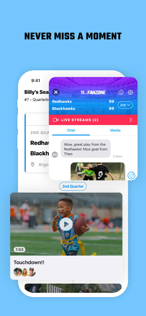 MOJO Sports app Fanzone screen featuring live scores, team chat, and youth sports video highlights