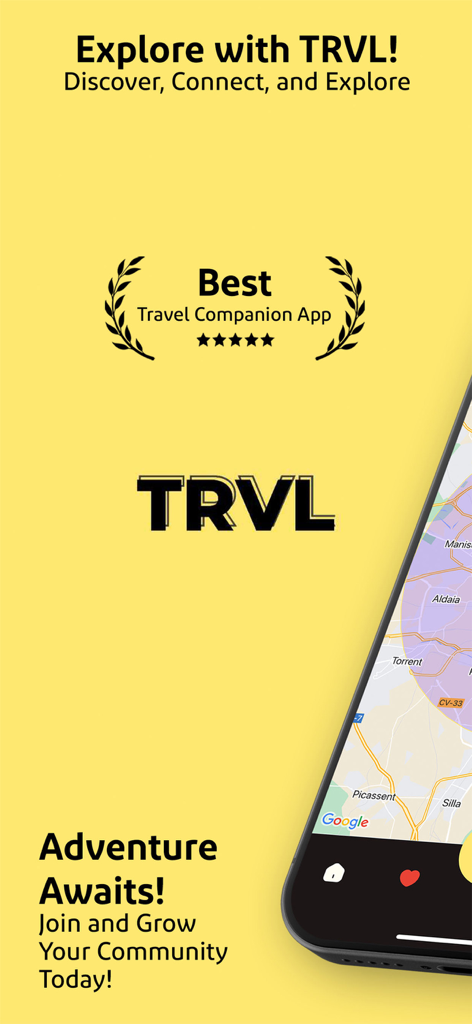 TRVL - Travel & Meet Friends - TRVL app introductory screen with Best Travel Companion App badge and map display