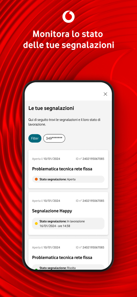 Interface do aplicativo Minha Vodafone Itália mostrando uma lista e o status de relatórios de atendimento ao cliente e problemas técnicos.