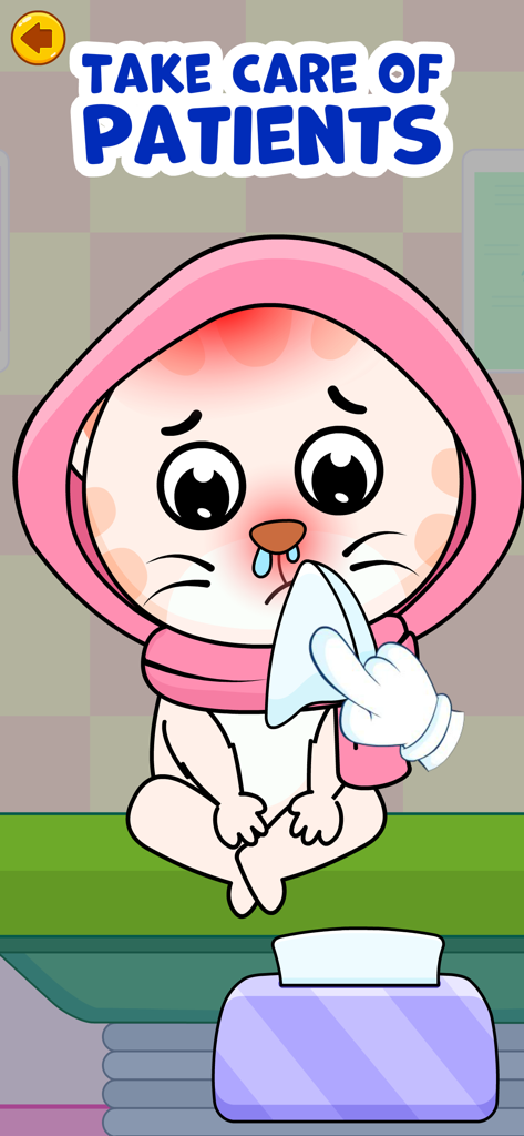 Doctor Games for Kids: Dentist - Una pantalla de juego educativo para niños pequeños que muestra un gato de dibujos animados con un resfriado siendo tratado con un pañuelo