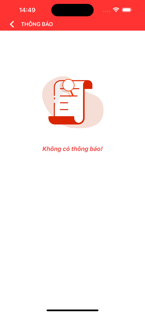 Empty notifications screen of the Giang Huy Pro app showing a no notifications message with a document icon.