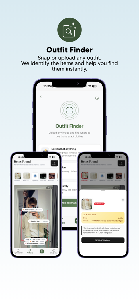 Mobile app interface showing Essembl AI identifying clothing items from a photo to help users shop for specific styles.