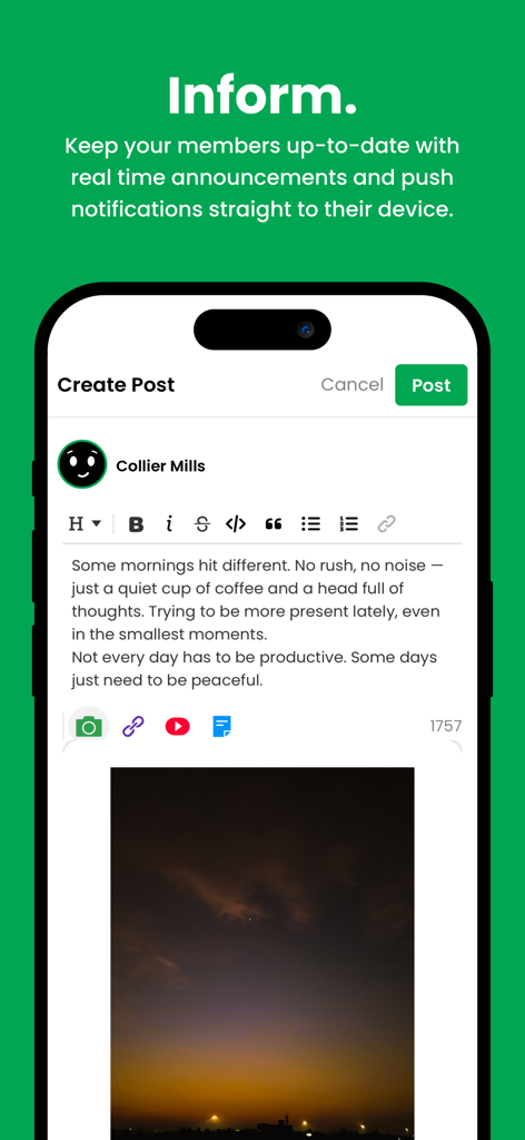 connectapp. - A smartphone showing the Create Post screen of the connectapp interface with text and an attached photo for real-time announcements