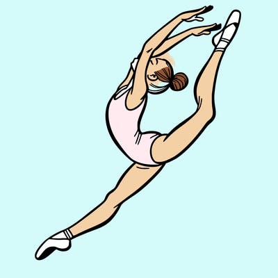 gymnast doing a leap in a leotard with a bent back leg