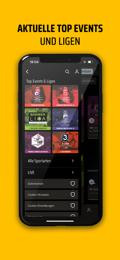 Smartphone screen displaying the Sporteurope TV app with various sports leagues and events like Ice Hockey and Handball
