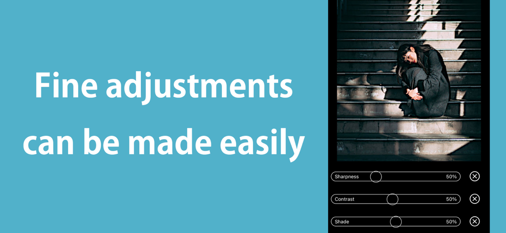 photo enhancer&photo unblur - Screenshot of photo editing app interface showing sliders for sharpness contrast and shade adjustments