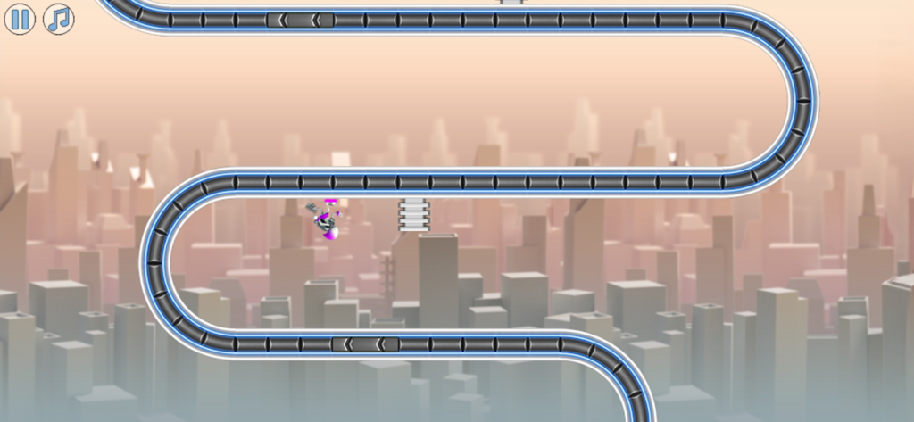 G-Switch 2 - 도시 스카이라인을 배경으로 빛나는 트랙 위를 거꾸로 달리는 로봇 캐릭터