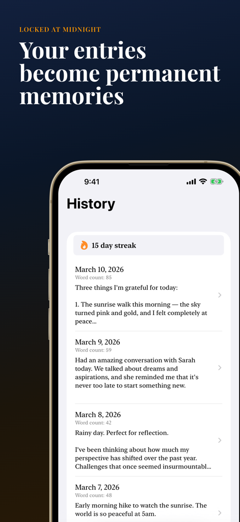 毎日のエントリーと15日間のライティングストリークを示すProlificアプリの履歴画面