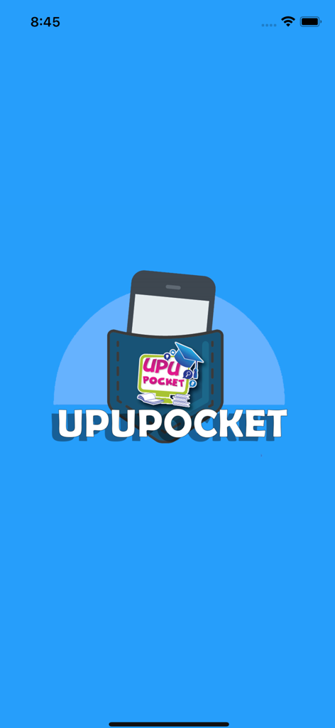 UPUPocket app splash screen with logo and name on a blue background