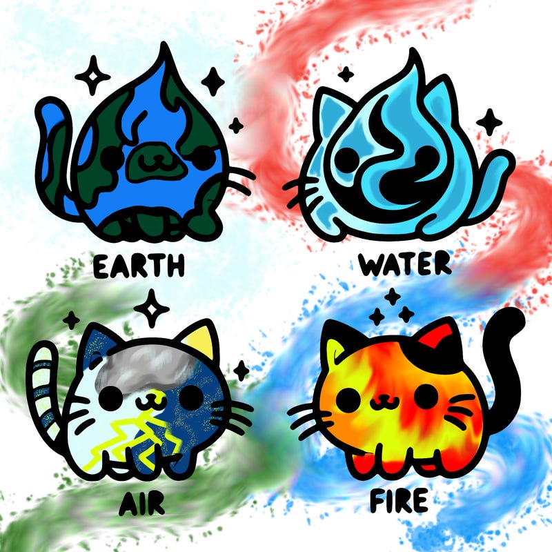 4 cats that represent the different elements, earth, water, air, and fire