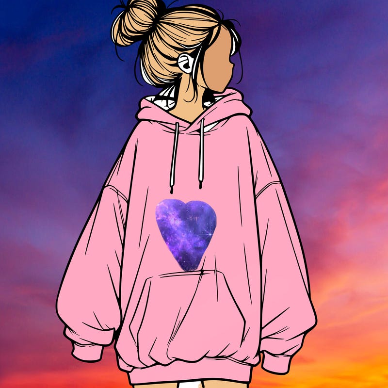 realistic girl with a oversized sweatshirt on and a bun