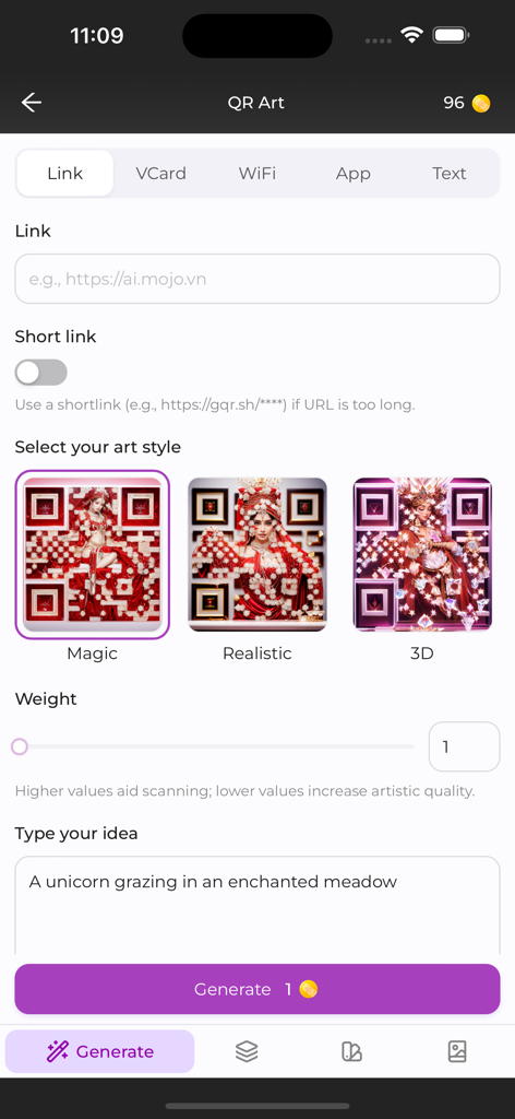 MOJO AI - Interface of the MOJO AI app showing the QR Art generator tool with options for links, artistic styles, and a text prompt input.