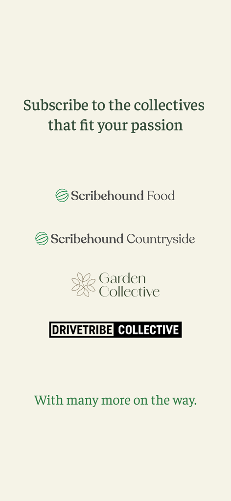 Screen displaying Scribehound niche interest collectives like Food Countryside Garden and DriveTribe