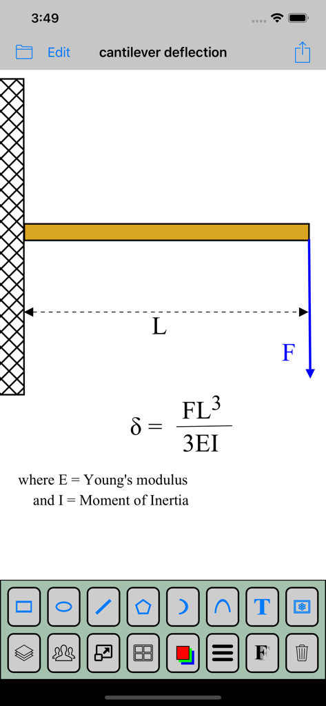 TechDraw min - Technical drawing showing cantilever deflection and physics equation in TechDraw min app.