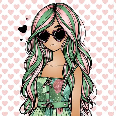 realistic girl valentine vibes long hair and cute clothes with heart sun glasses one girl