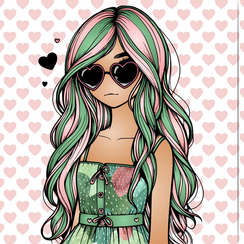 realistic girl valentine vibes long hair and cute clothes with heart sun glasses one girl