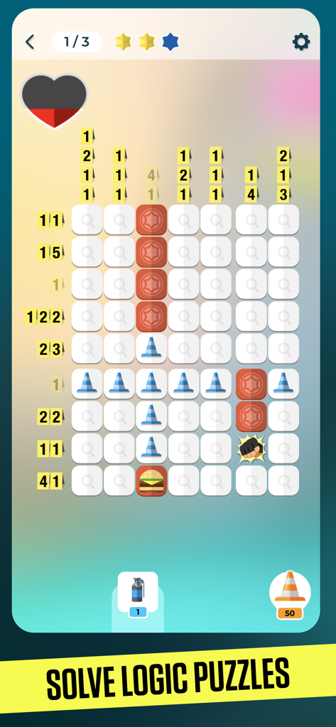 CRIMO - CRIMO mobile game gameplay showing a nonogram logic grid puzzle with investigation icons