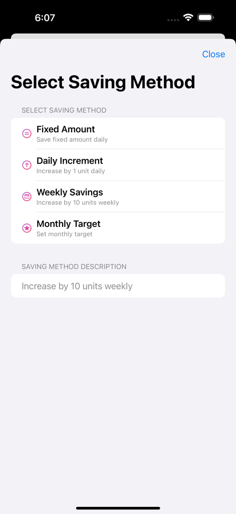 365-Day Savings - Uma tela de seleção no aplicativo 365-Day Savings mostrando diferentes métodos de economia, como valor fixo, incremento diário e meta mensal.